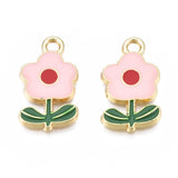 10pcs Enamel Pink Flower Plant Charms for DIY Jewelry