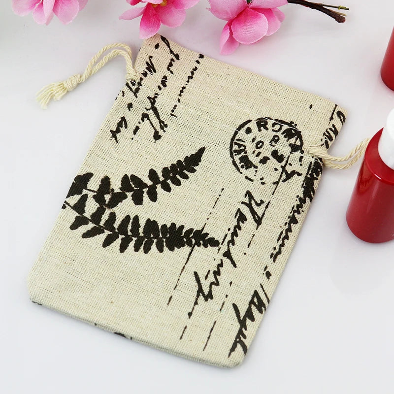 10pcs Leaf Cotton Drawstring Gift Bags 10*14cm Jewelry Storage Linen Bag
