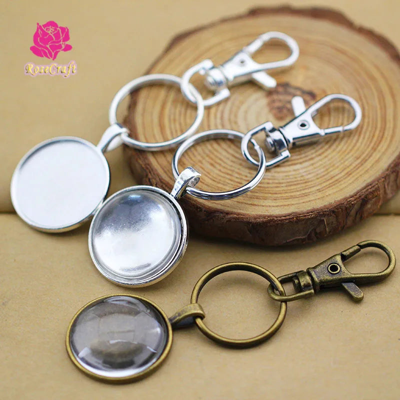 10pcs 25mm Keychain Pendant Base+Key Ring+Glass Cabochon+Lobster Clasps