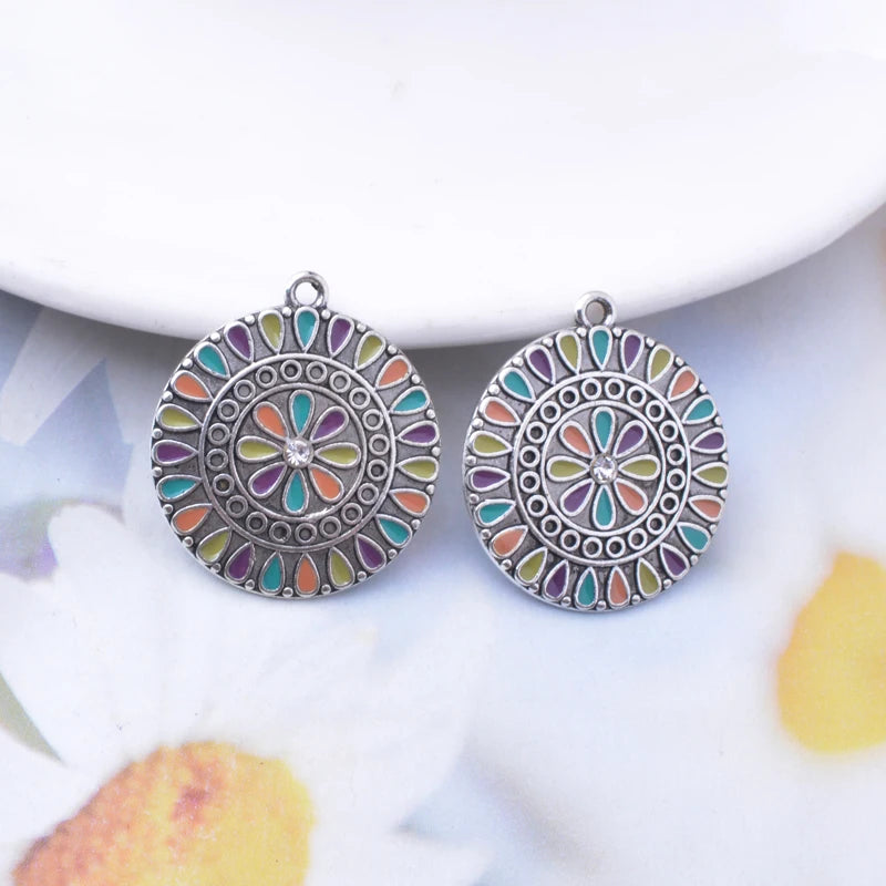 10pcs/lot Antique Silver Round Rhinestone Enamel Charms