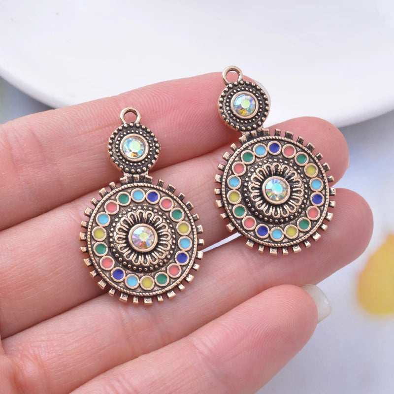 10pcs Alloy Antique Round Rhinestone Charms Earrings