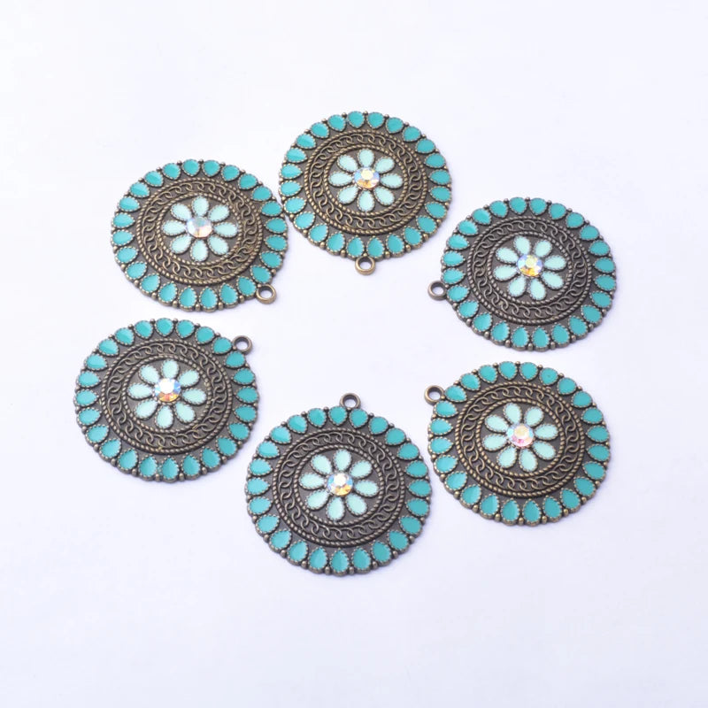 10pcs 37*34mm Vintage Bronze Enamel Round Charms Pendant DIY Earrings