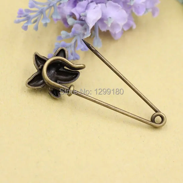 10pcs Flower Brooch Safety Pins Antique Bronze Scarf Clip 55mm Length