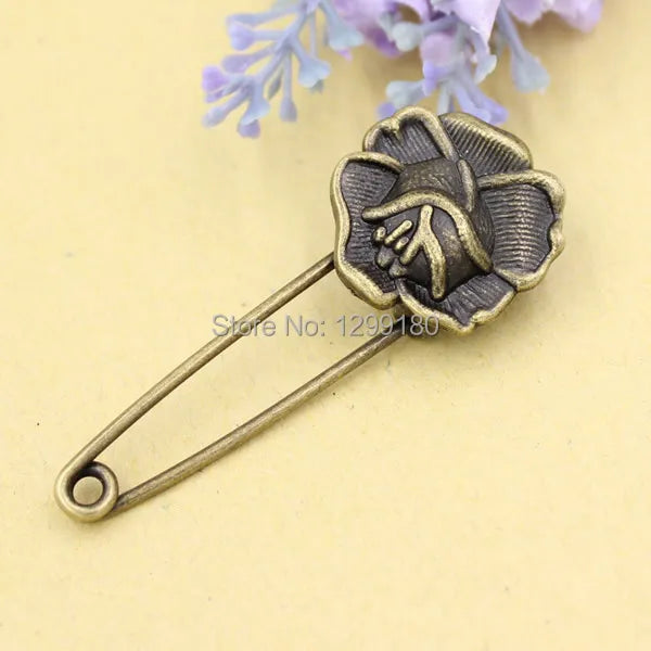 10pcs Vintage Flower Brooch Safety Pins Antique Bronze Alloy Scarf Clip