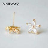 CZ Paved Flower Ear Posts 12mm, Plated Brass Stud Earrings