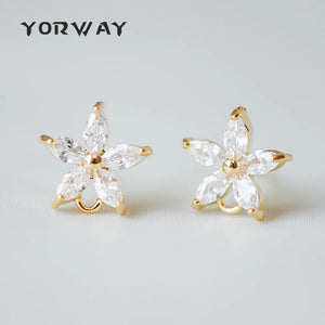 CZ Paved Flower Ear Posts 12mm, Plated Brass Stud Earrings