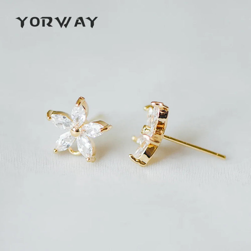 CZ Paved Flower Ear Posts 12mm, Plated Brass Stud Earrings