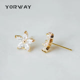 CZ Paved Flower Ear Posts 12mm, Plated Brass Stud Earrings