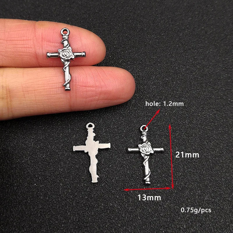 10pcs Stainless Steel Crosses Charm with Flower for DIY Necklace Pendant