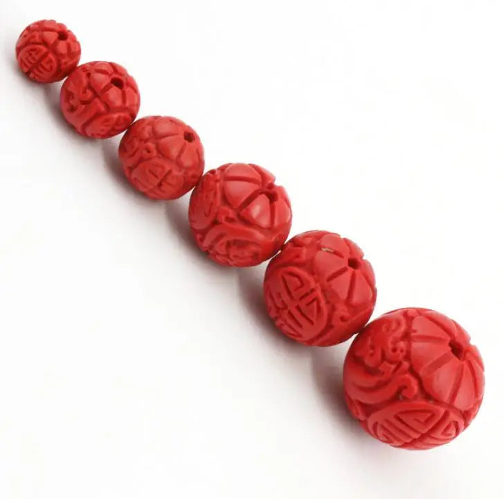 10pcs Carving Cinnabar Red Beads 6-14mm Round Natural Stone DIY Jewelry