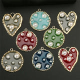 10pcs Colorful Heart Shape Enamel Charms With Pearl Oil Drop Pendant