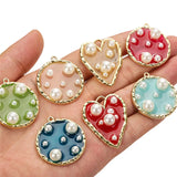 10pcs Colorful Heart Shape Enamel Charms With Pearl Oil Drop Pendant