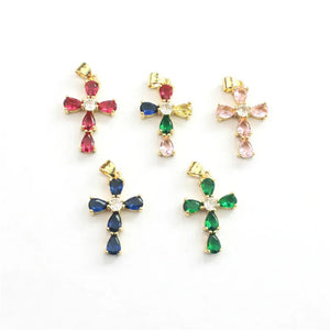10pcs Multicolor Glass Cross Pendant,Plated CZ Charm