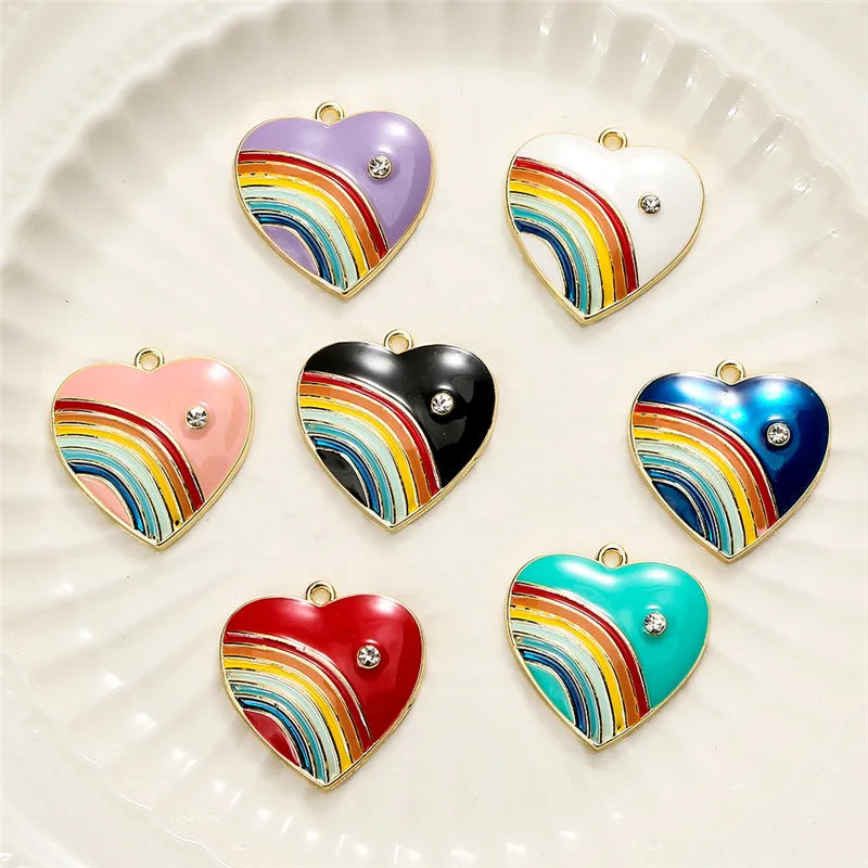 10pcs Mixed Rhinestone Rainbow Heart Enamel Charms Pendant DIY Jewelry Making