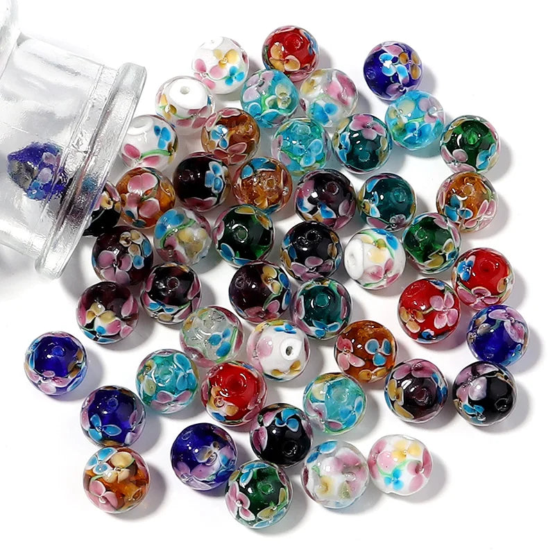 10pcs Colorful Flower Lampwork Beads Round Spacer Beads DIY Jewelry Making