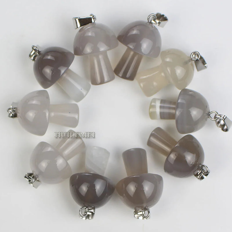 10pcs Gray Agate Stone Mushroom Pendant Beads Reiki Chakra Healing Gemstone