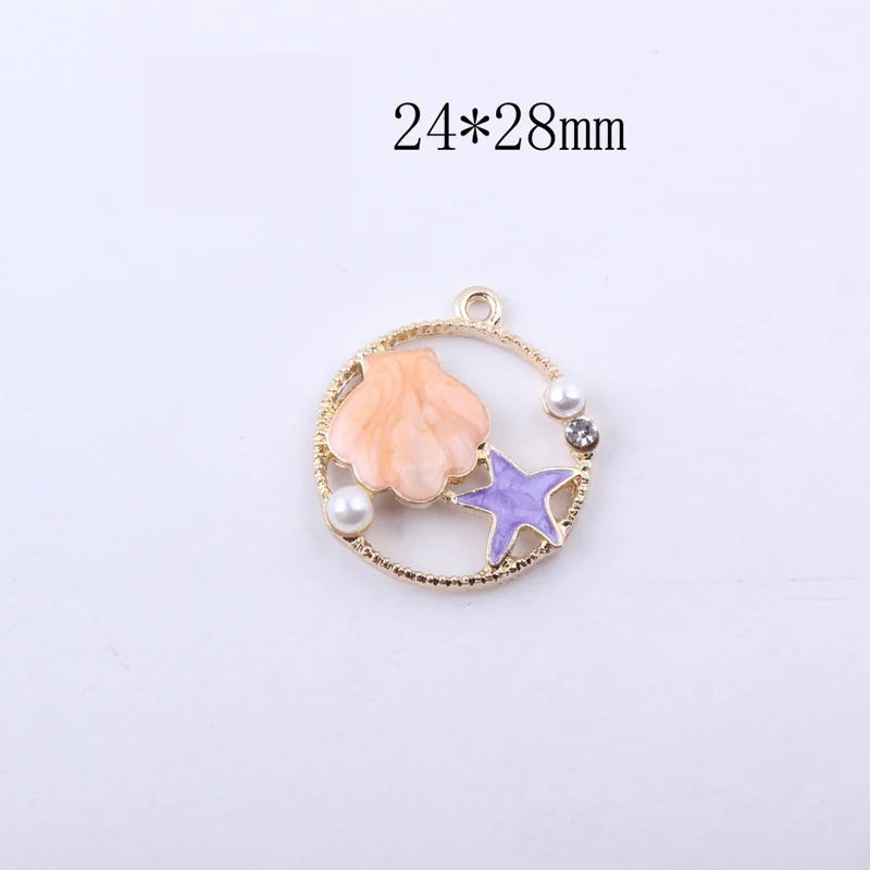 Shell Starfish Enamel Charms Round Alloy Floating Oil Drop Pendant YZ106