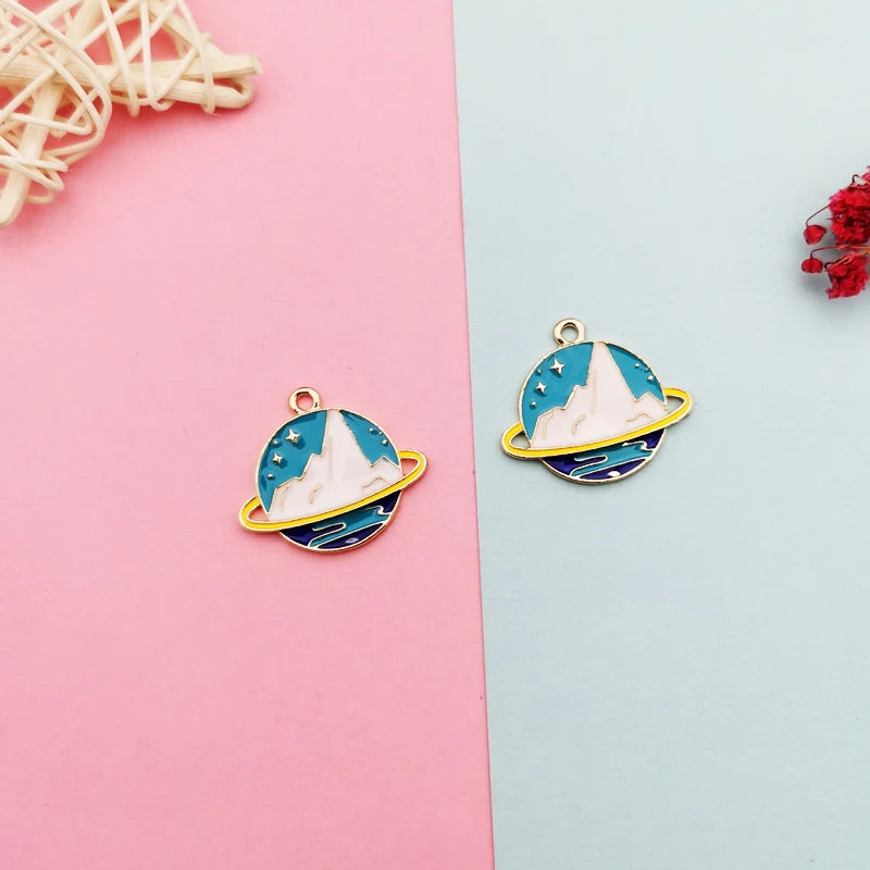 10pcs Snow Mountain Enamel Charms Round Metal Planet Earring Pendants