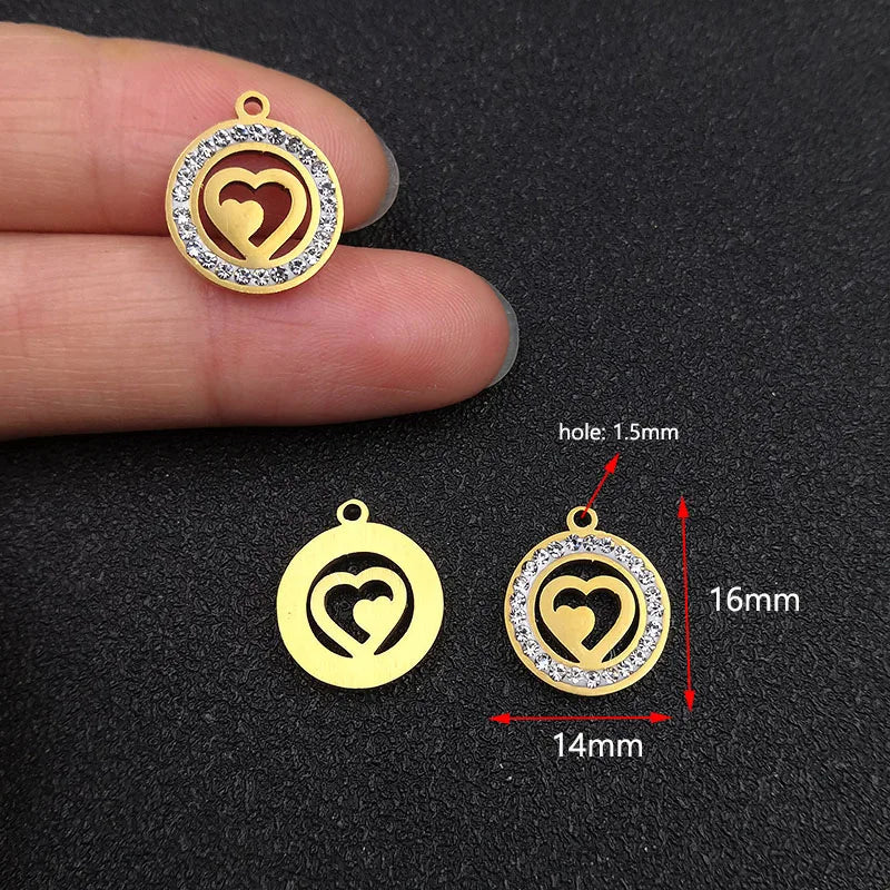 10pcs Stainless Steel Hearts Charms with Rhinestones for DIY Jewelry Making