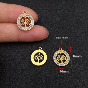 10pcs Stainless Steel Life Tree Charms with Rhinestones for DIY Jewelry Making