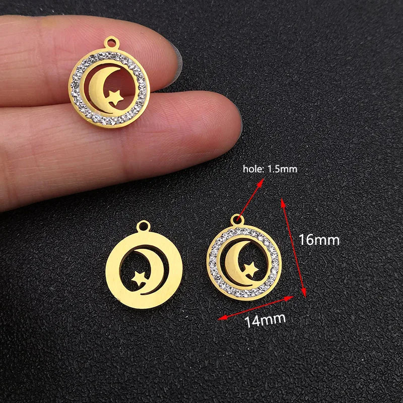 10pcs Stainless Steel Moon Stars Charms with Rhinestones for DIY Jewelry Making