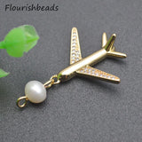 10pcs Unique Rhodium Plated Pearl Beads CZ Pave Airplane Charms