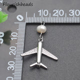 10pcs Unique Rhodium Plated Pearl Beads CZ Pave Airplane Charms