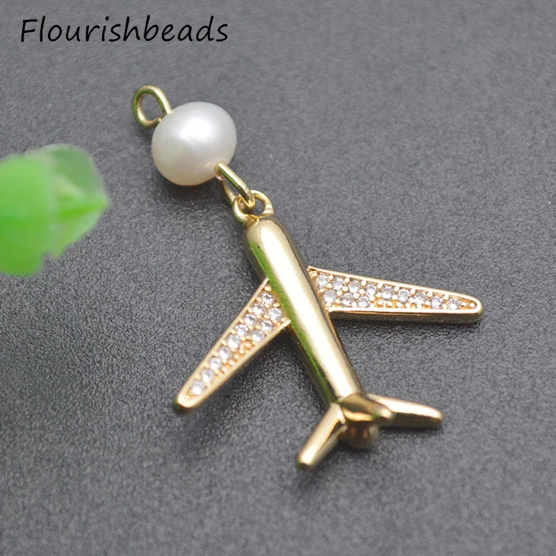 10pcs Unique Rhodium Plated Pearl Beads CZ Pave Airplane Charms