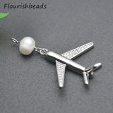 10pcs Unique Rhodium Plated Pearl Beads CZ Pave Airplane Charms