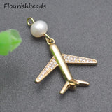10pcs Unique Rhodium Plated Pearl Beads CZ Pave Airplane Charms