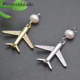 10pcs Unique Rhodium Plated Pearl Beads CZ Pave Airplane Charms