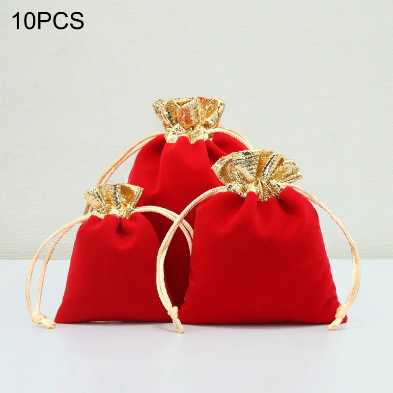 10pcs Vintage Velvet Gift Bags 7x9 10x12 12x15cm Red Organza Drawstring Pouches
