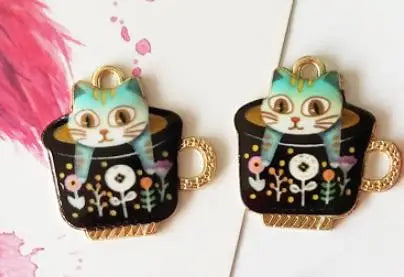 10pcs Light Bulb Cat Cup Enamel Charms DIY Jewelry Gold