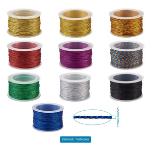 10 Nylon Metallic Cords for Jewelry Making Mixed 1mm 20m/Roll, 10 colors