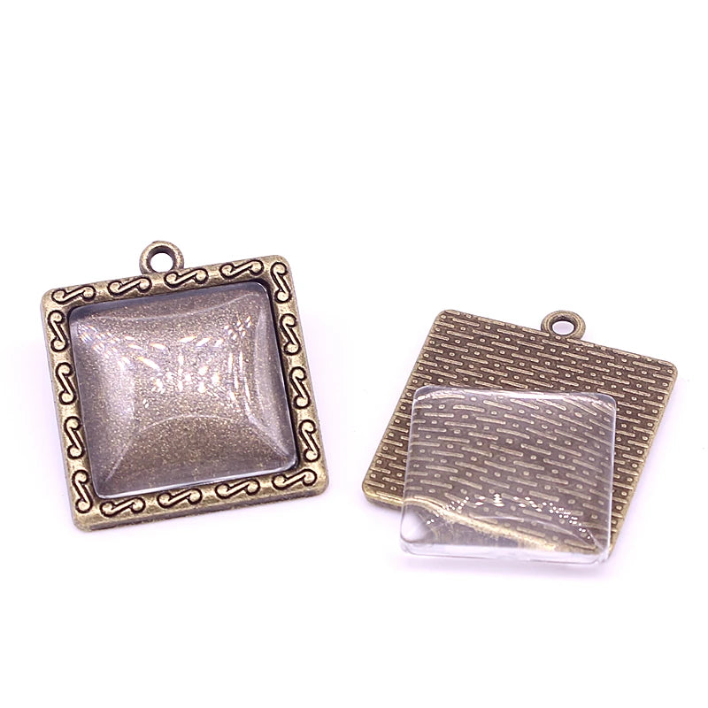 Square Antique Bronze Pendant Blanks with Glass Cabochons