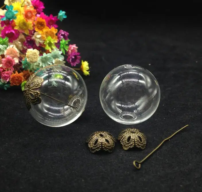 10sets 30mm Glass Vial with Flower Beads Cap & Eye Pin Set DIY Jewelry Pendant