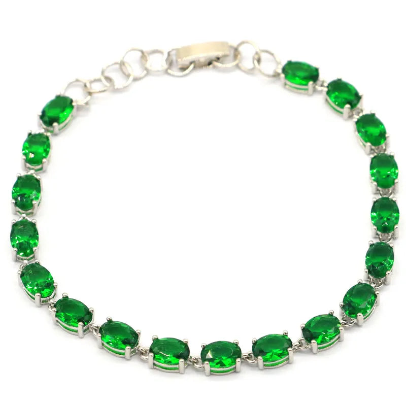 Pink Tourmaline Citrine Emerald Silver Bracelet 7.5-8.5inch