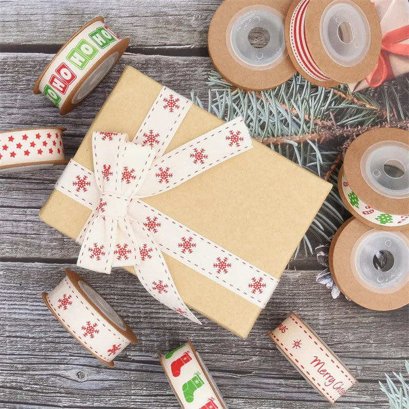 10yd 1.5cm Merry Christmas Cotton Ribbon - Red/Green Snow/HO/Star/Tree DIY