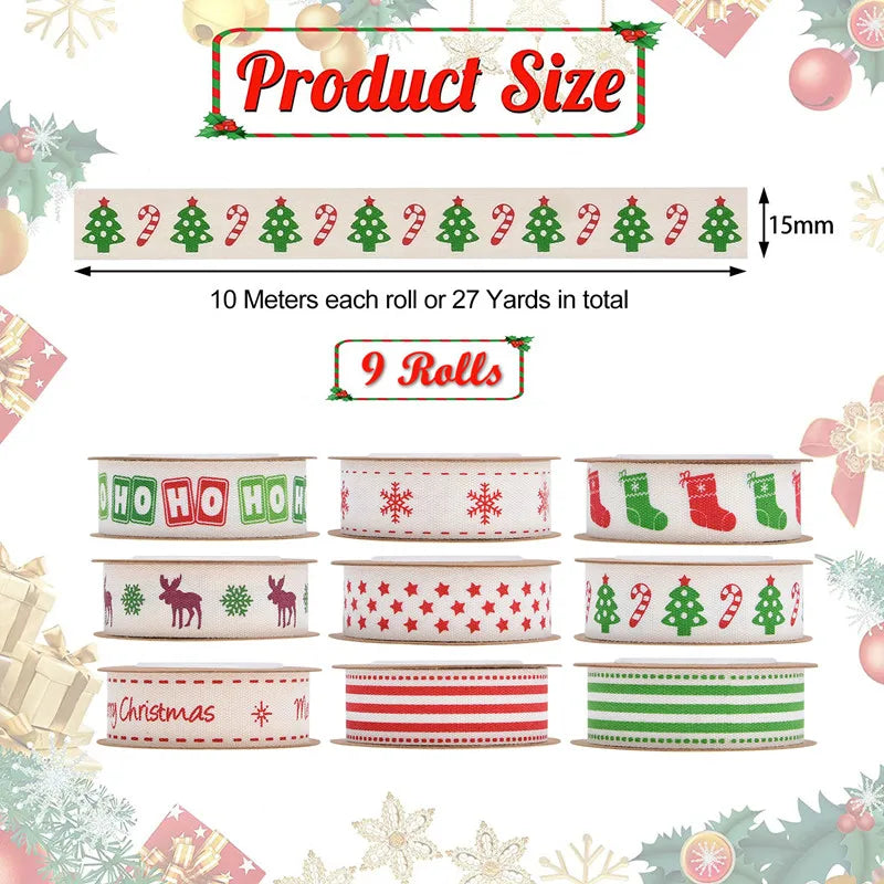 10yd 1.5cm Merry Christmas Cotton Ribbon - Red/Green Snow/HO/Star/Tree DIY
