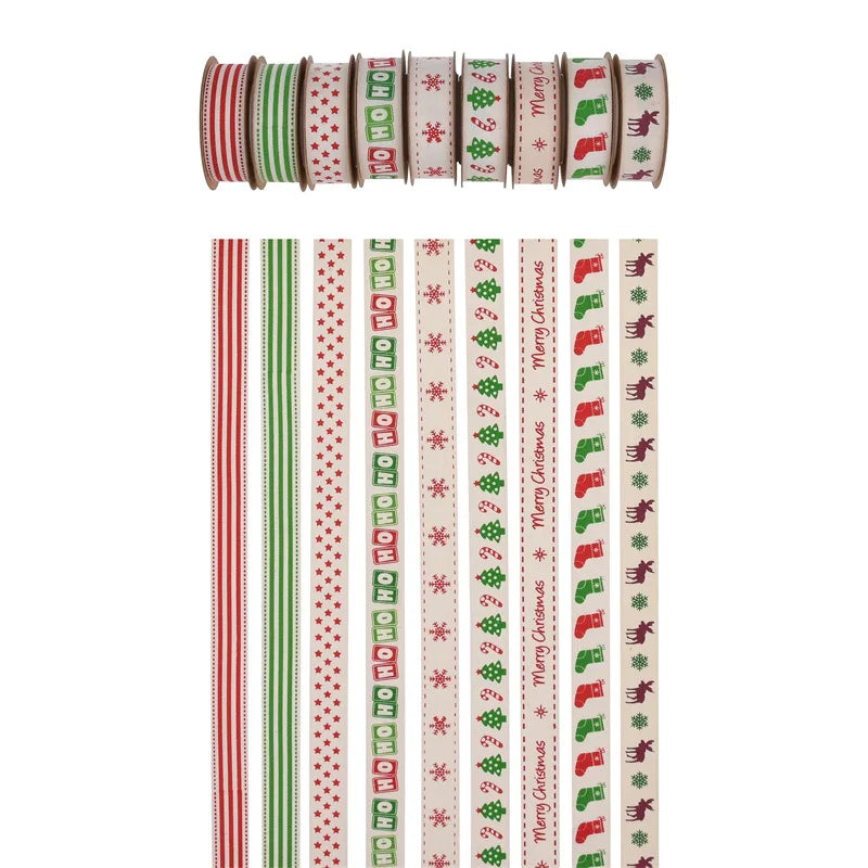 10yd 1.5cm Merry Christmas Cotton Ribbon - Red/Green Snow/HO/Star/Tree DIY