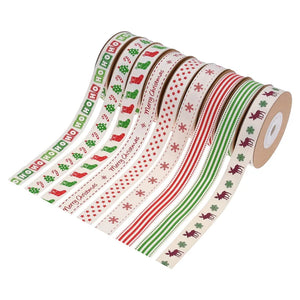 10yd 1.5cm Merry Christmas Cotton Ribbon - Red/Green Snow/HO/Star/Tree DIY