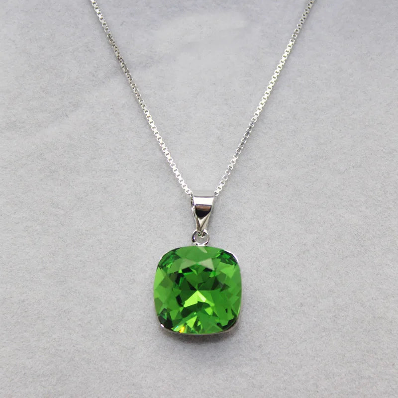 Square Pendant Necklace with Austria Crystal 925 Silver Box Chain