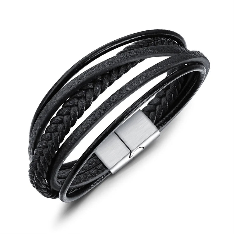Men's Stainless Steel Magnetic Clasp Leather Bracelet Gift