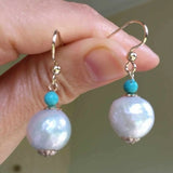 11-12mm Baroque Pearl Turquoise 14K Earrings Hook Women