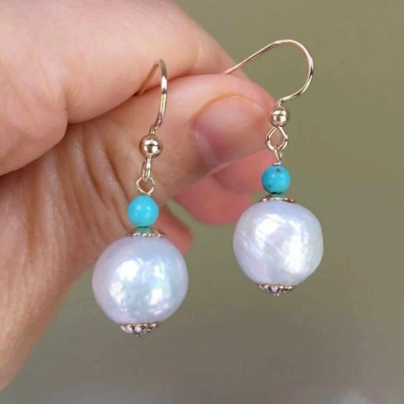 11-12mm Baroque Pearl Turquoise 14K Earrings Hook Women