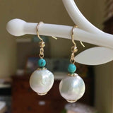 11-12mm Baroque Pearl Turquoise 14K Earrings Hook Women