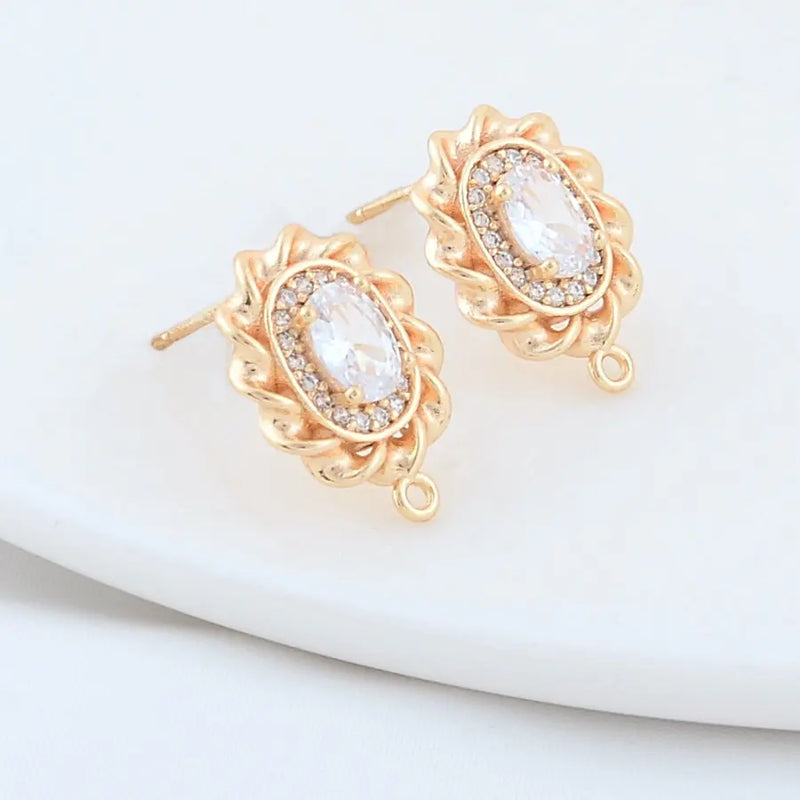 14K Plated Brass Oval Stud Earrings with Zircon