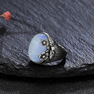 Turquoise Moonstone Ring S925 Sterling Silver Women's Retro Flower Jewelry