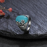 Turquoise Moonstone Ring S925 Sterling Silver Women's Retro Flower Jewelry