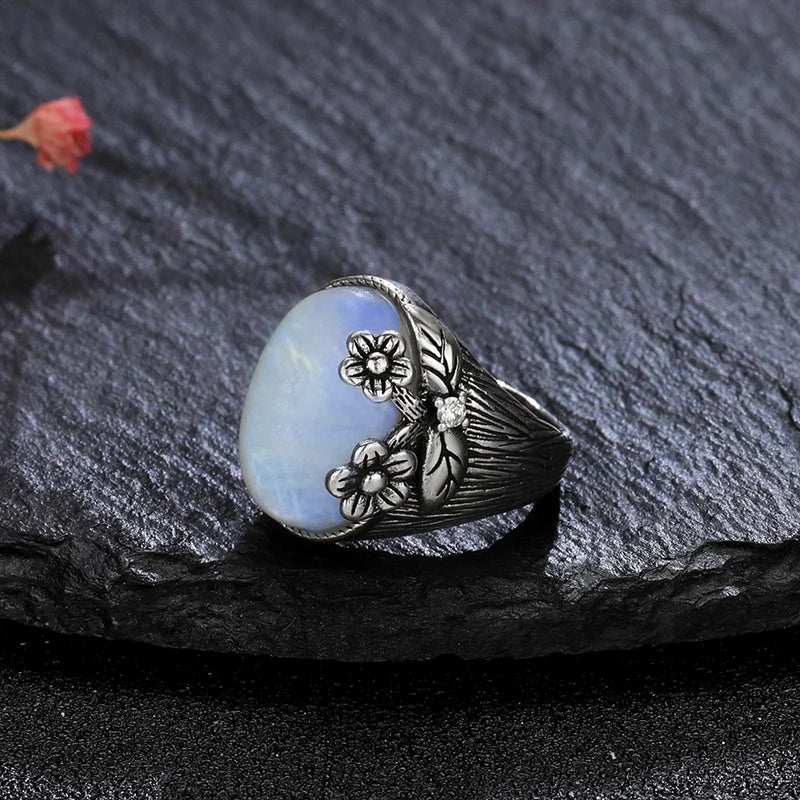 Turquoise Moonstone Ring S925 Sterling Silver Women's Retro Flower Jewelry